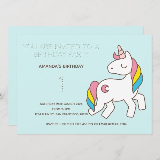 Cute Rainbow Unicorn Birthday Party Invitation Kaart (Voorkant / Achterkant)
