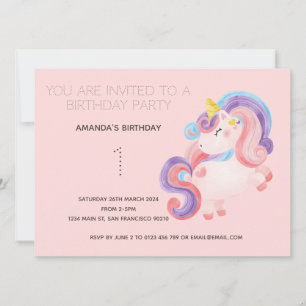 Cute Rainbow Unicorn Birthday Party Invitation Kaart