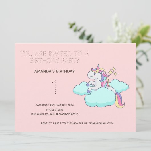 Cute Rainbow Unicorn Birthday Party Invitation Kaart (Staand voorkant)