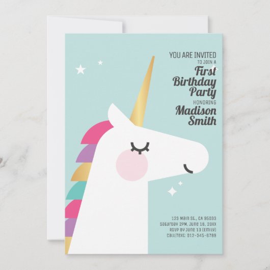 Cute Rainbow Unicorn Birthday Party Invitation Kaart (Voorkant)