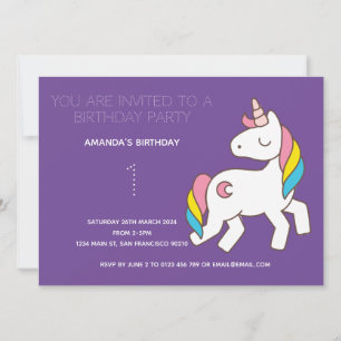 Cute Rainbow Unicorn Birthday Party Invitation Kaart