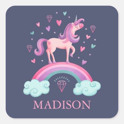 Cute Rainbow Unicorn Birthday Party Square Sticker (Voorkant)