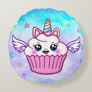 Cute Rainbow Unicorn Cupcake Kawaii Coussin rond