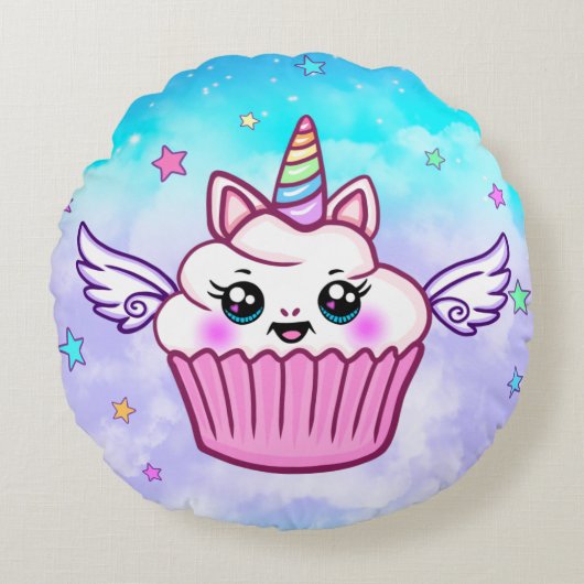 Cute Rainbow Unicorn Cupcake Kawaii Coussin rond (Devant)