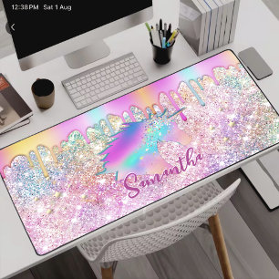 Cute Rainbow unicorn faux Glitter stars Monogram Bureaumat