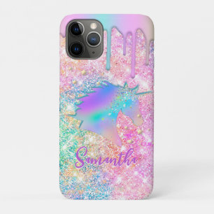 Cute Rainbow unicorn faux Glitter stars Monogram iPhone 11 Pro Hoesje