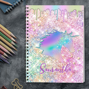 Cute Rainbow unicorn faux Glitter stars Monogram Notitieboek