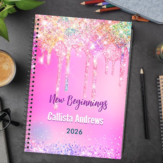 Cute Rainbow unicorn Glitter drips pink custom Notitieboek