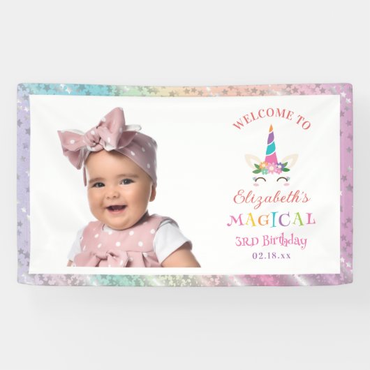 Cute Rainbow Unicorn Magical Birthday Welcome Spandoek (Horizontaal)