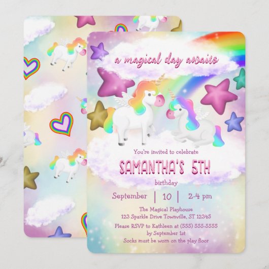 Cute Rainbow Unicorn Pastel Invitation d'anniversa (Devant / Derrière)
