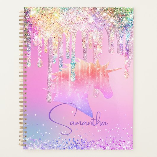 Cute Rainbow unicorn roze Glitter Drivers monogram Planner (Voorkant)