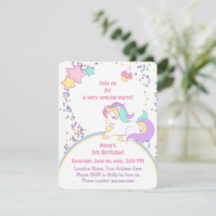 Cute Rainbow Unicorn & Stars Girl Birthday Party Kaart