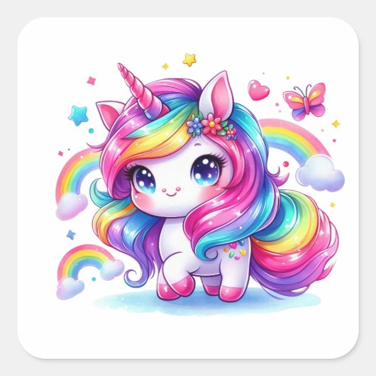 Cute Rainbow Unicorn Vierkante Sticker (Voorkant)