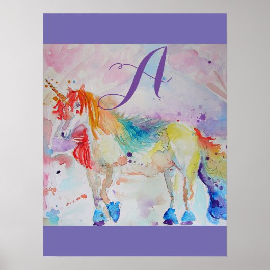 Cute Rainbow Unicorn Waterverf Girls Poster (Voorkant)