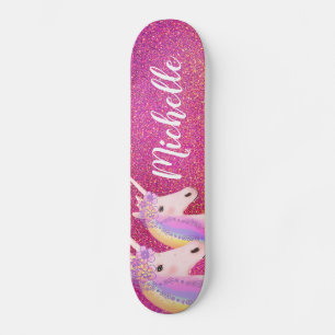 Cute Rainbow Unicorns Roze Glitter Personalizeerd Skateboard