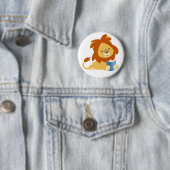 Cute Reading Cartoon Lion Button Badge (In situ)