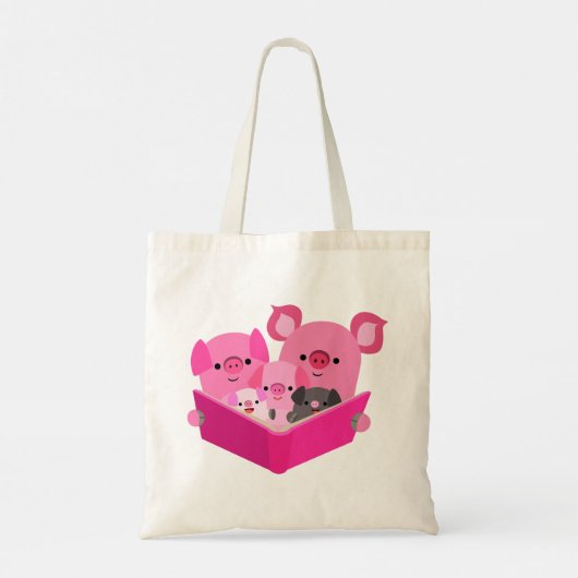 Cute Reading Cartoon Pig Family Canvas tas (Achterkant)