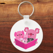 Cute Reading Cartoon Pig Family Sleutelhanger (Voorkant)