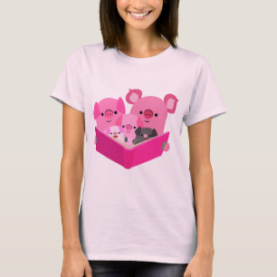 Cute Reading Cartoon Pig Family T-Shirt