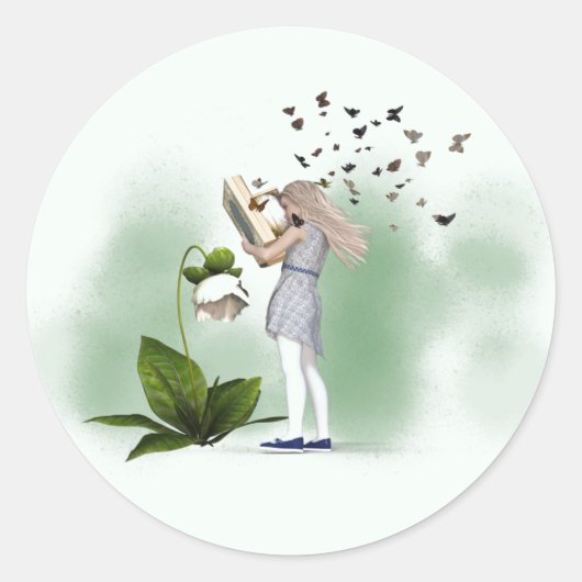 Cute reading whimsical vlinder ronde sticker (Voorkant)