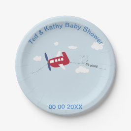 Cute Red Airplane met Blue Propeller Baby shower Papieren Bordje