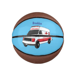 Cute red ambulance van cartoon basketbal