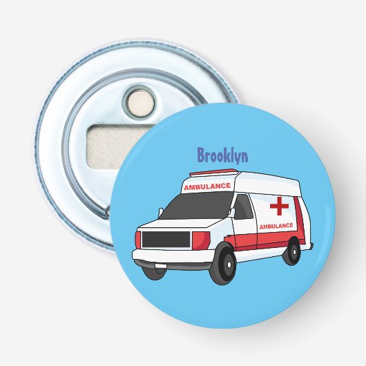 Cute red ambulance van cartoon button flesopener (Voorkant)