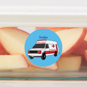 Cute red ambulance van cartoon labels