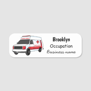 Cute red ambulance van cartoon naamplaatje