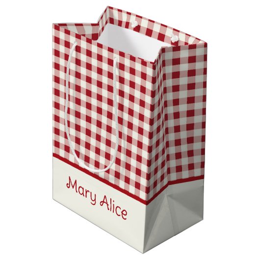 Cute Red and Cream Gingham Bow Medium Cadeauzakje (Achterkant Gekanteld)