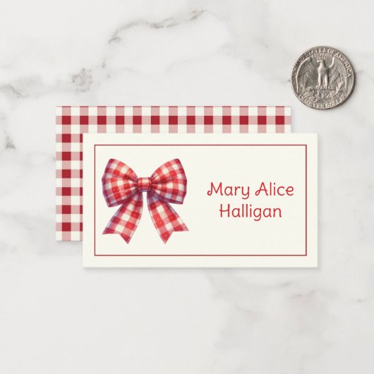 Cute Red and Cream Gingham Bow Notitiekaartje (Voorkant / Achterkant in situ)