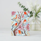 Cute red & blue Robin birds in tree with berries Feestdagenkaart (Staand voorkant)