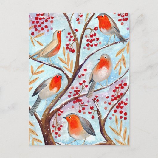 Cute red & blue Robin birds in tree with berries Feestdagenkaart (Voorkant)