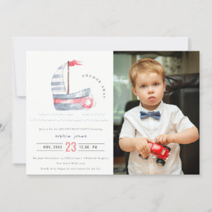 Cute Red Blue Sailboat Kinder Foto Birthday Kaart