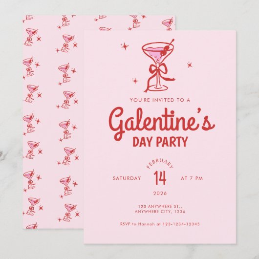Cute Red Bow Cocktail Galentine's Day Party Kaart (Voorkant / Achterkant)