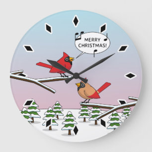 Cute Red Cardinaal Singing Merry Kerstmis Grote Klok