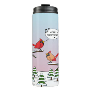 Cute Red Cardinaal Singing Merry Kerstmis Thermosbeker