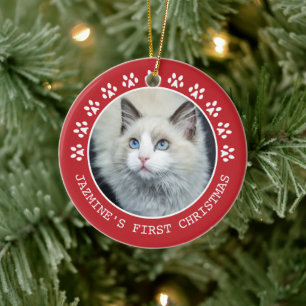 Cute Red Cat Paw Drukt Lijst kerstmis Keramisch Ornament