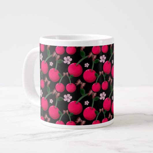 Cute red Cherry floral pattern  Extra Grote Beker (Voorkant links)