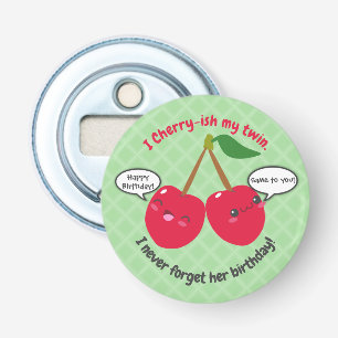 Cute Red Cherry Kawaii Twins Birthday Button Flesopener