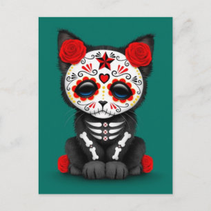 Cute Red Day of the Dead Kitten Cat, blauwgroen bl Briefkaart