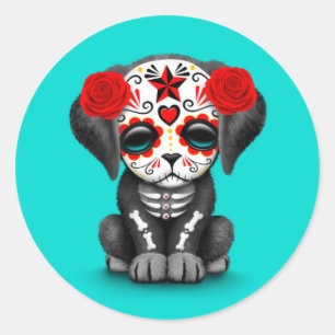 Cute Red Day of the Dead Puppy Dog Blue Ronde Sticker