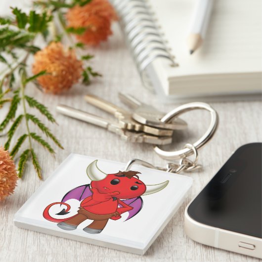 Cute Red Devil Character Thinking Mischievous Sleutelhanger (Voorkant Rechts)