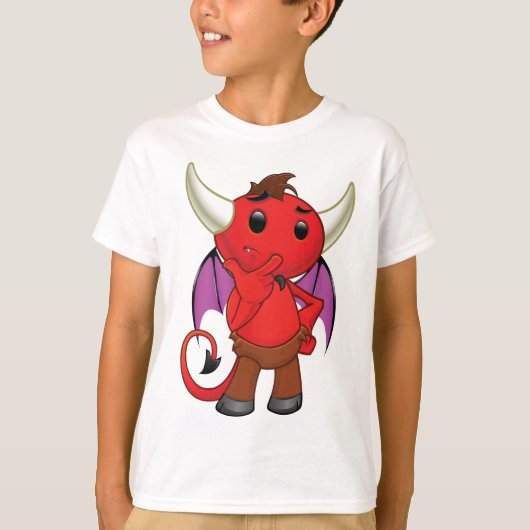Cute Red Devil Character Thinking Mischievous T-shirt (Voorkant)
