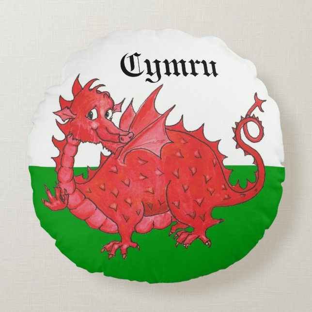 Cute Red Dragon: Green and White Round Pillow Rond Kussen (Voorkant)