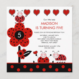Cute Red en Black Ladybug Birthday Invitation Kaart