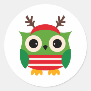 Cute Red en Green Kerstoowl Ronde Sticker