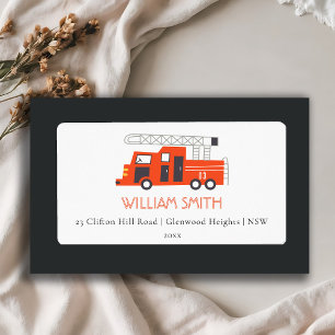 Cute Red Firetruck Engine Kids Birthday Address Etiket
