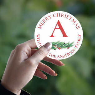 Cute Red Flowers Berries Monogram Merry Kerstry Ronde Sticker