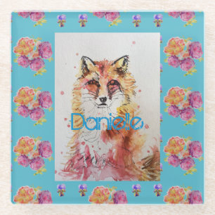 Cute Red Fox Animal Blauwgroen Roos Rozen Glazen Onderzetter